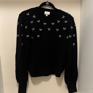 Cami NYC Black Crewneck Sweater with Silver Crystal Bows